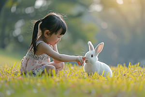 儿童和兔子肖像高清温馨摄影图