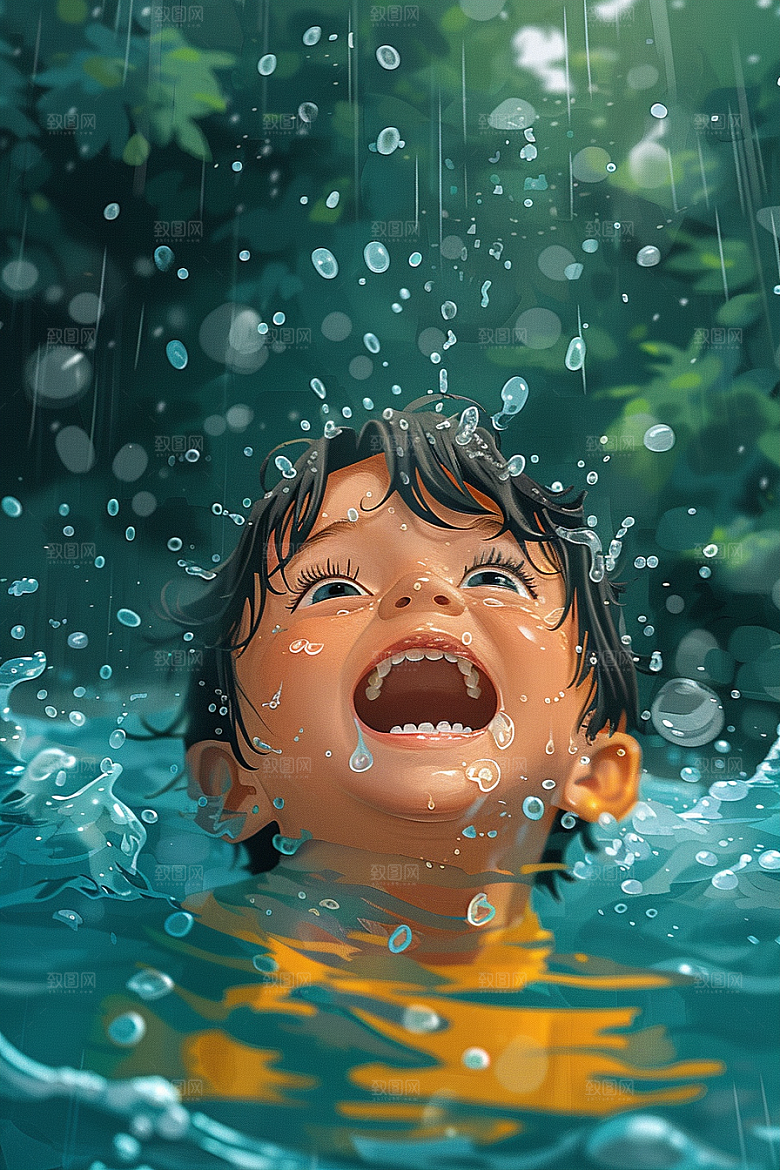 夏日防溺水游泳少儿插画