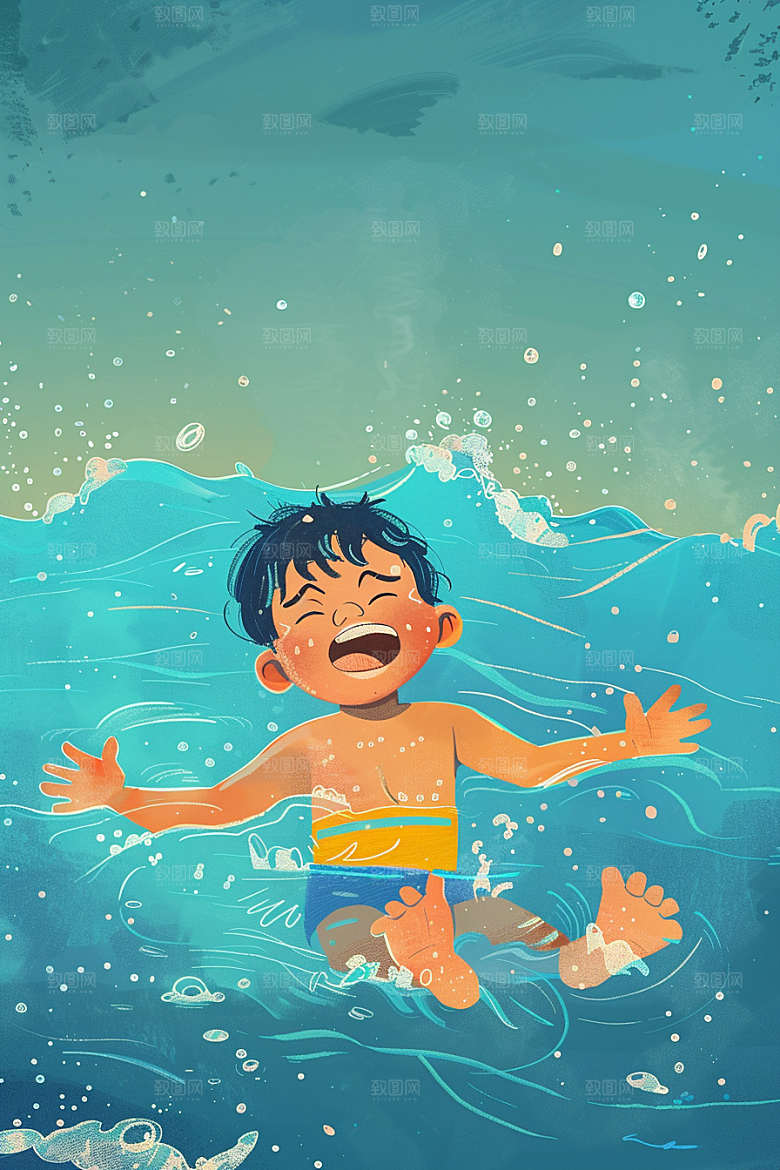 夏日防溺水儿童手绘插画
