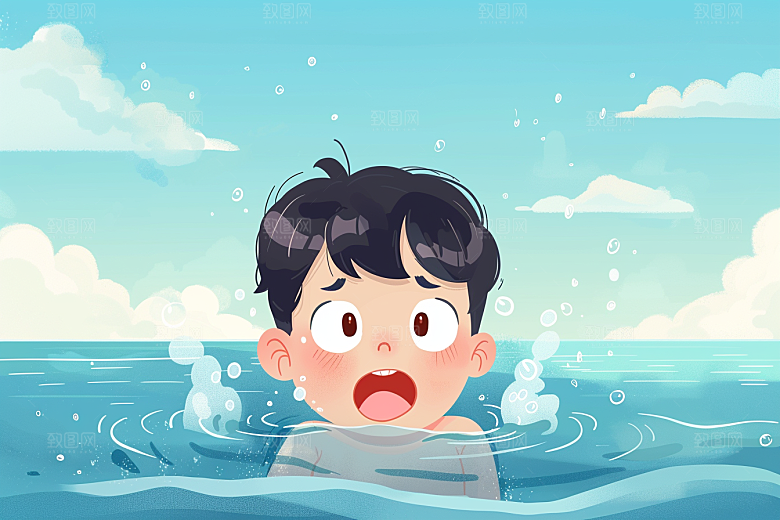 夏日防溺水防洪儿童插画