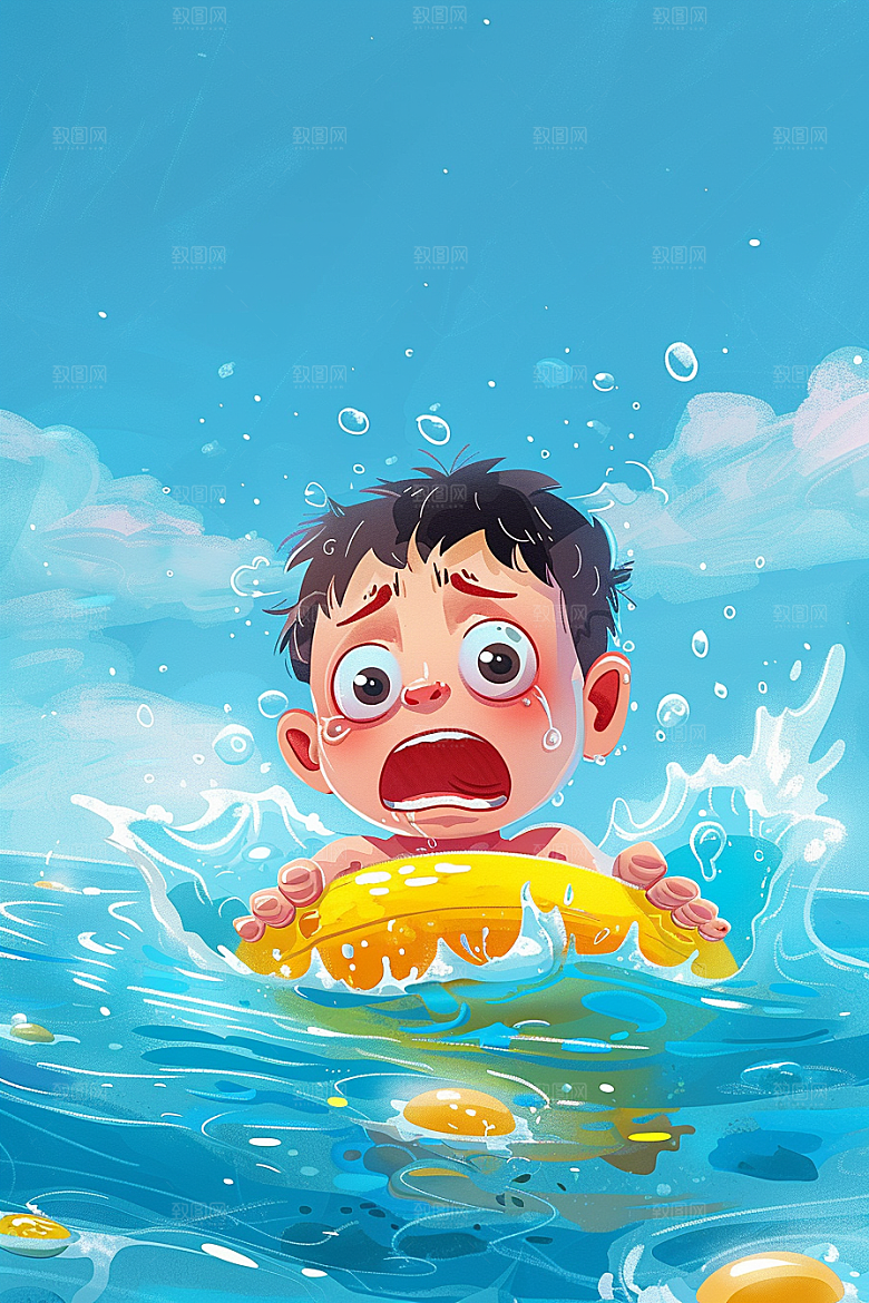 夏日防溺水防洪儿童插画