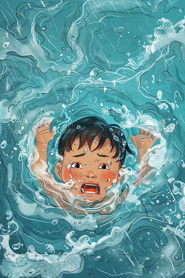 夏日防溺水少年玩水插画