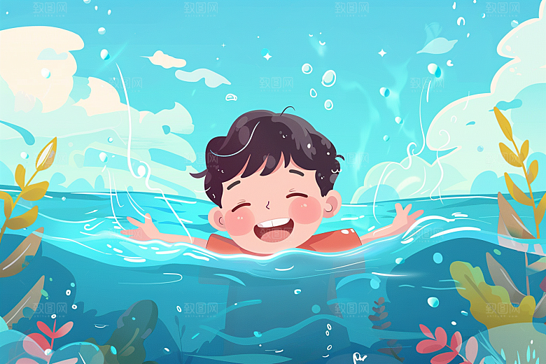夏日防溺水手绘少年插画