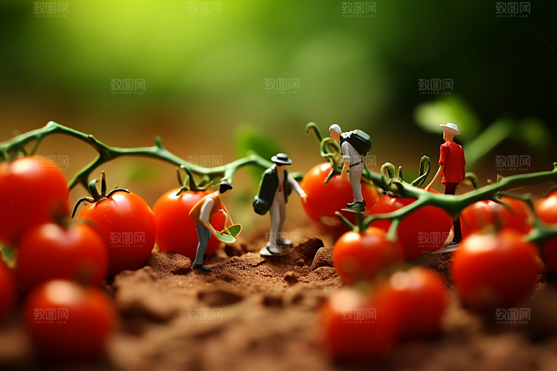 番茄采摘蔬菜微距小人