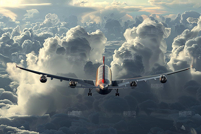 飞机飞翔航空云层之上摄影图