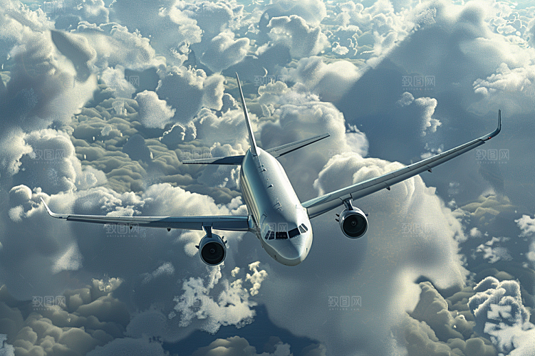 飞机飞翔高空白云摄影图
