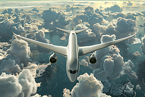 飞机飞翔云层之上高空摄影图