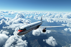 飞机飞翔高空蓝天摄影图