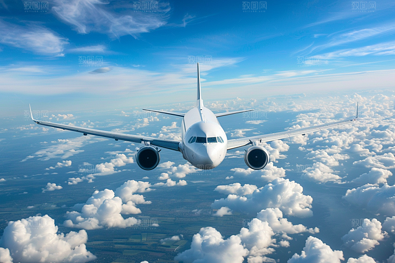 飞机飞翔高空蓝天摄影图