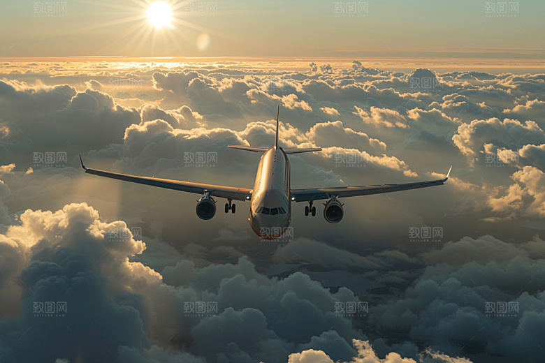 飞机飞翔航空云层之上摄影图