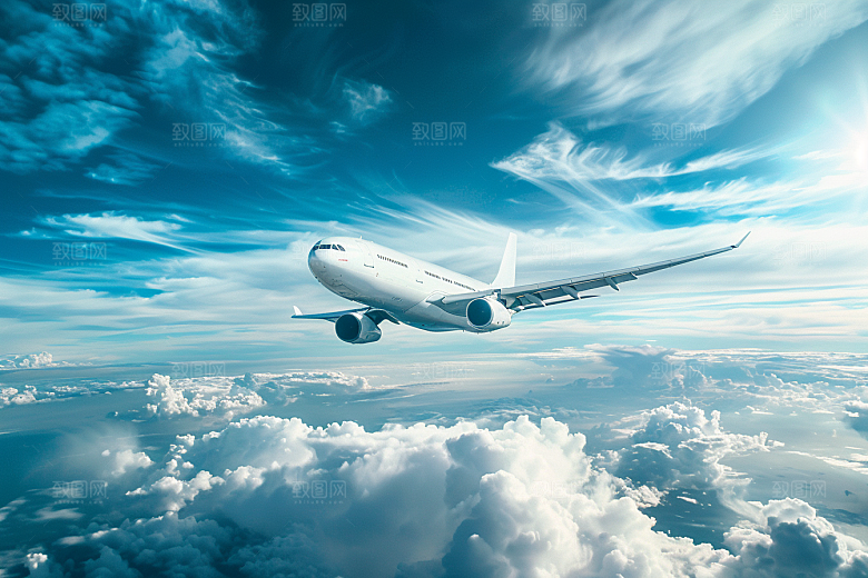 飞机飞翔云层之上航空摄影图