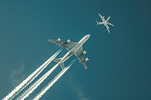 飞机飞翔高空蓝天摄影图