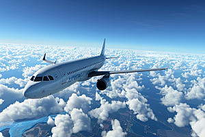 飞机飞翔蓝天白云摄影图