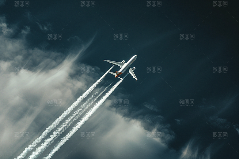 飞机飞翔高空白云摄影图