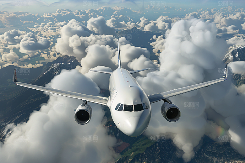 飞机飞翔白云高空摄影图