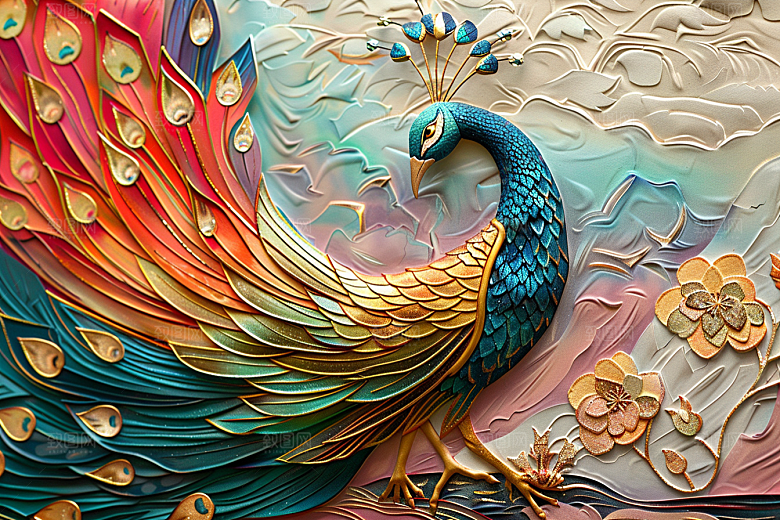 浮雕孔雀立体油画素材