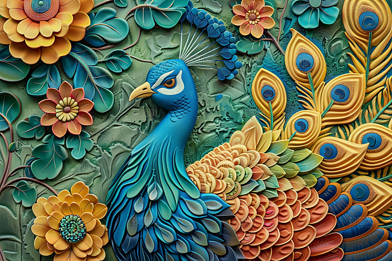 浮雕孔雀纹理3D素材