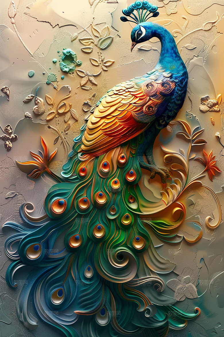 浮雕孔雀油画雕刻素材