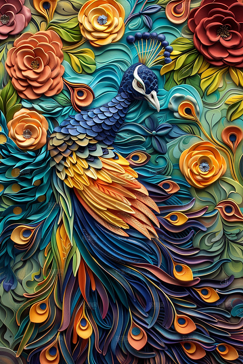 浮雕孔雀质感油画素材