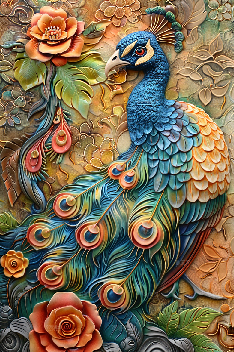 浮雕孔雀唯美立体素材