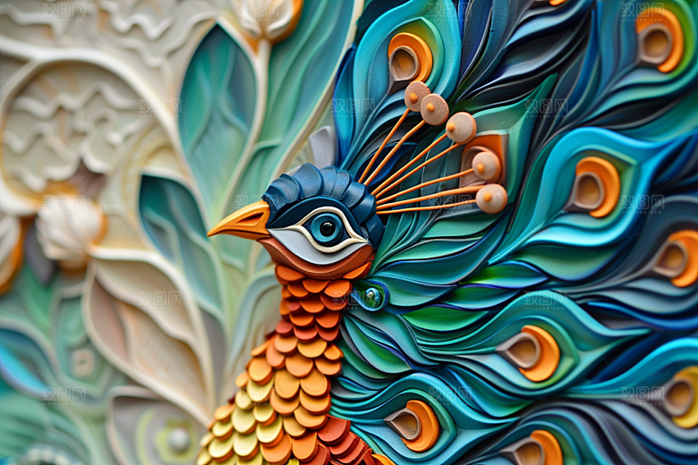 浮雕孔雀油画唯美素材