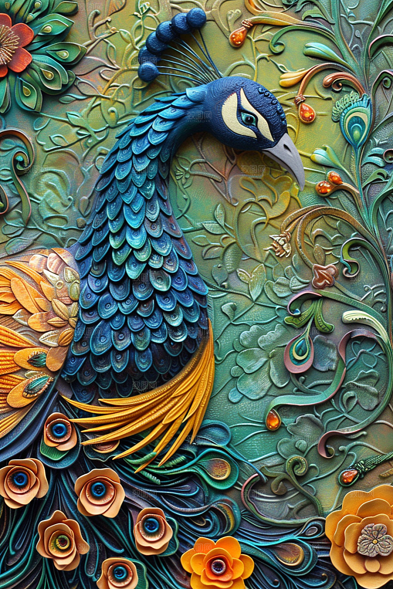 浮雕孔雀肌理3D素材