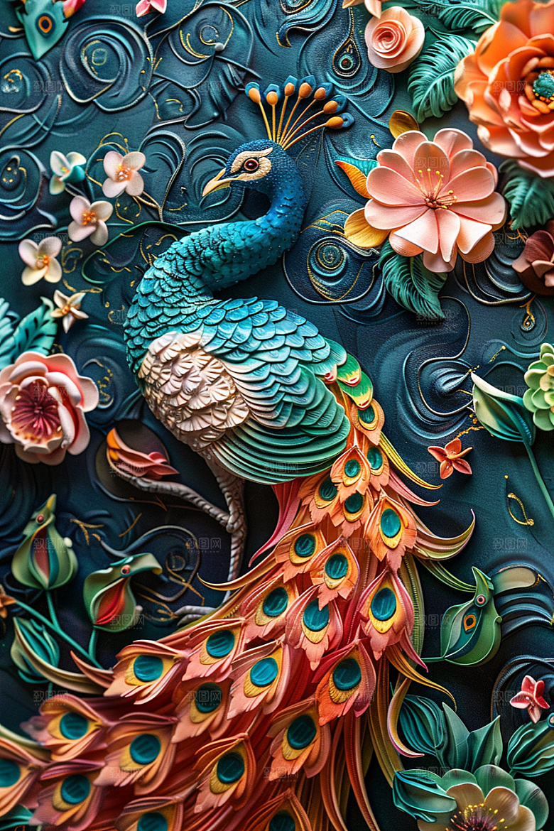 浮雕孔雀3D油画素材