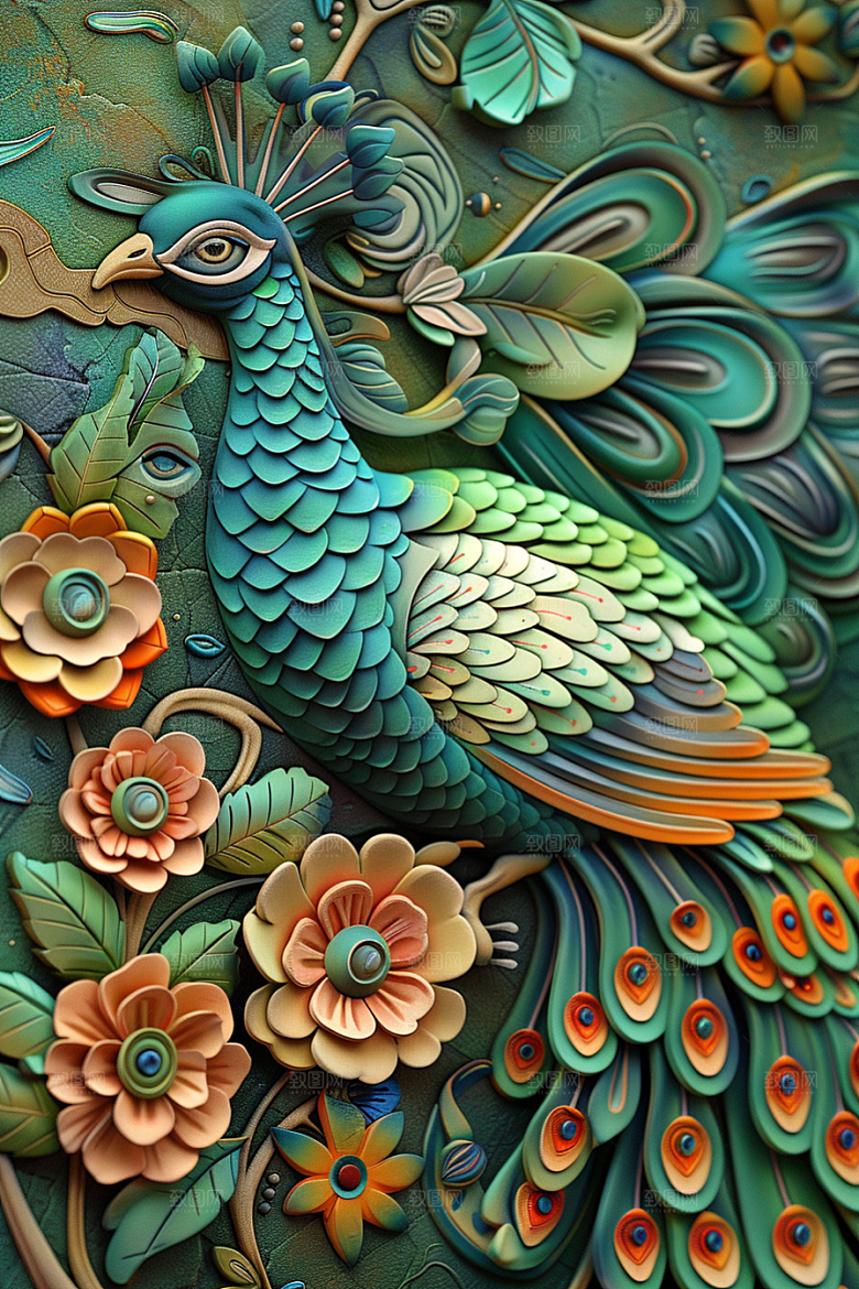 浮雕孔雀油画高清素材