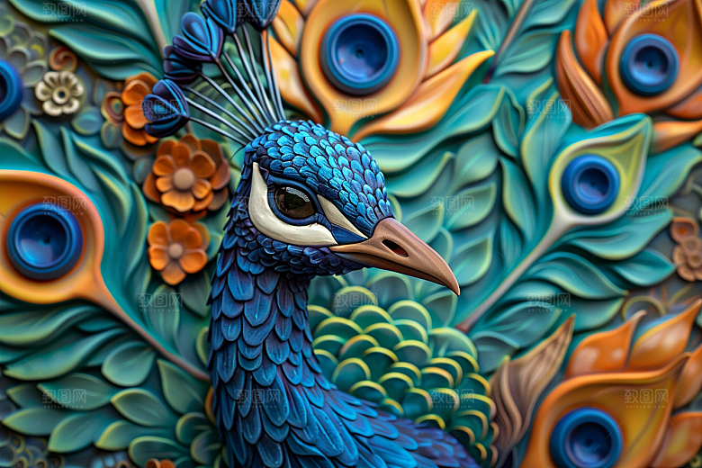 浮雕孔雀3D唯美素材