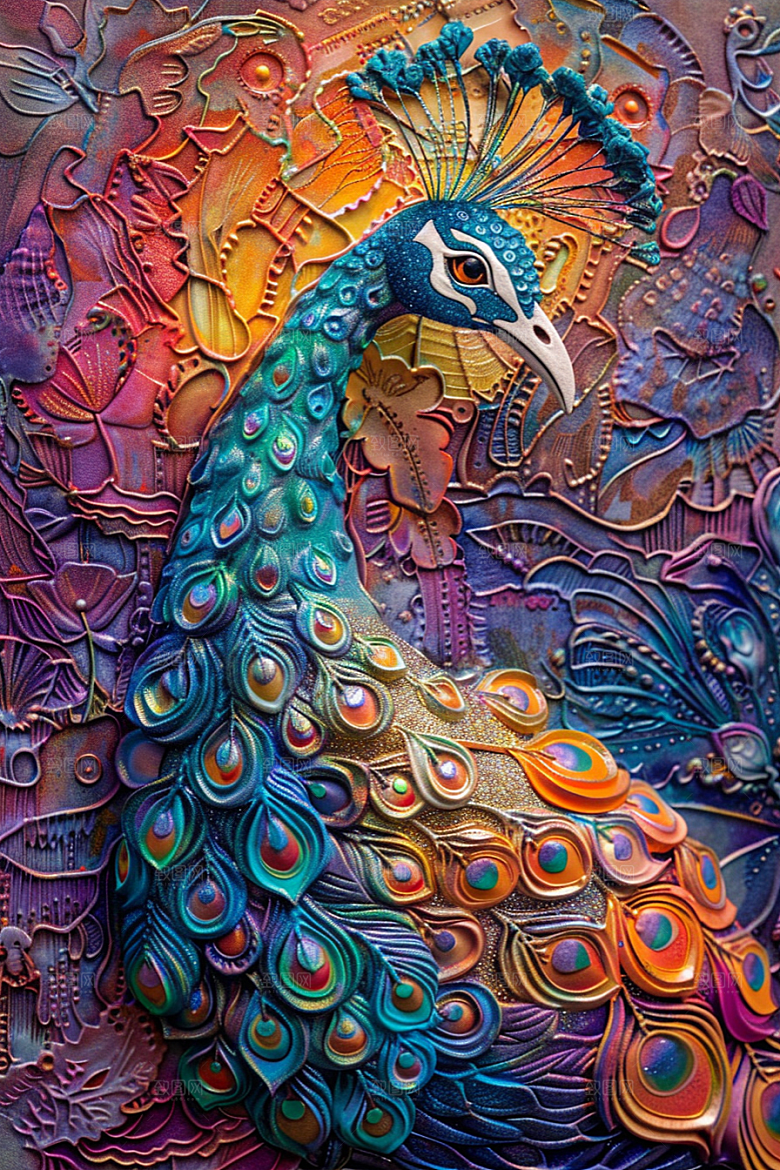 浮雕孔雀绚丽国潮风素材