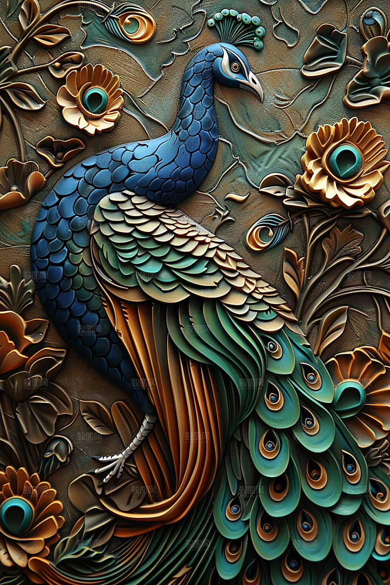 浮雕孔雀雕刻油画素材