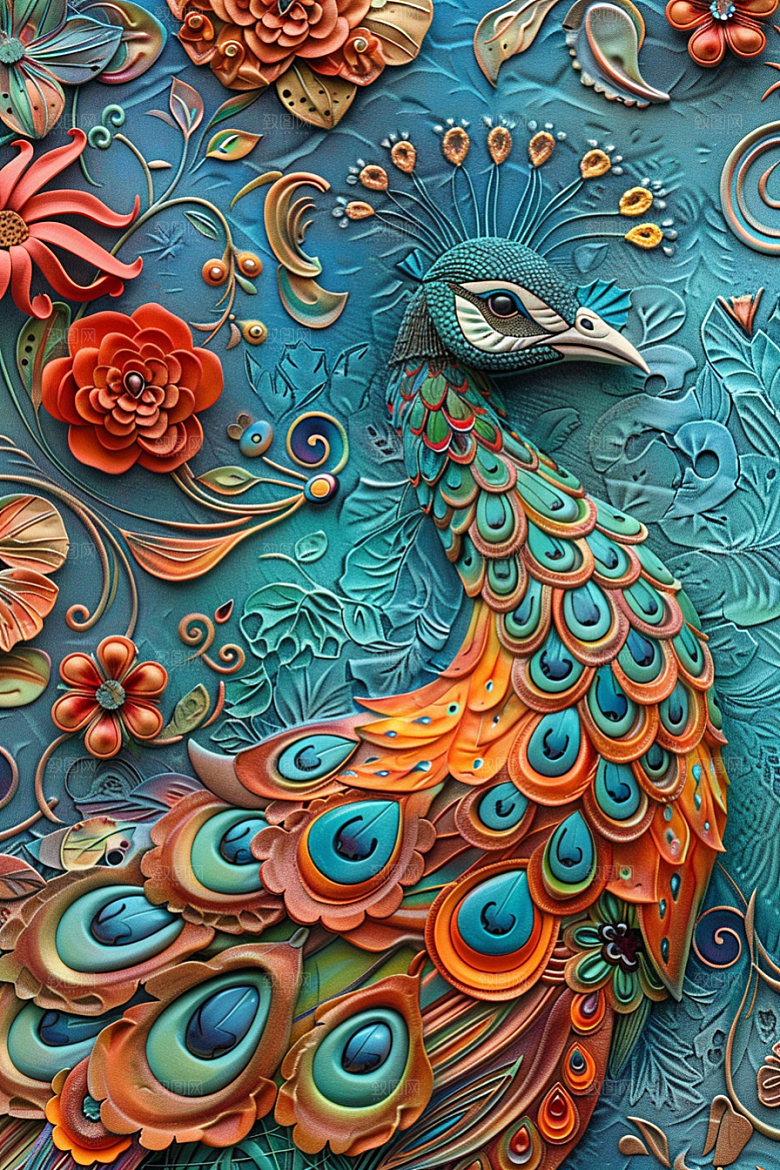浮雕孔雀油画凹凸素材