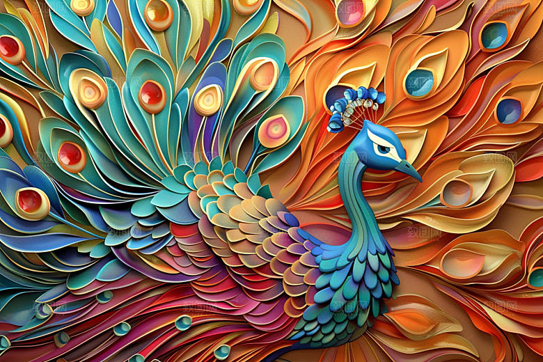 浮雕孔雀立体彩色素材