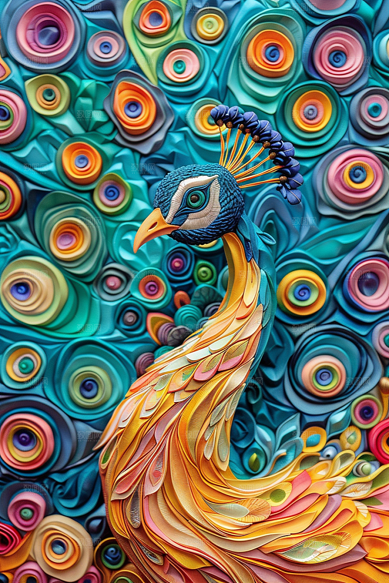 浮雕孔雀绚丽国潮风素材