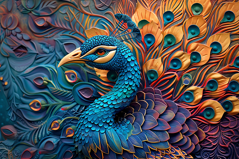 浮雕孔雀雕刻立体素材
