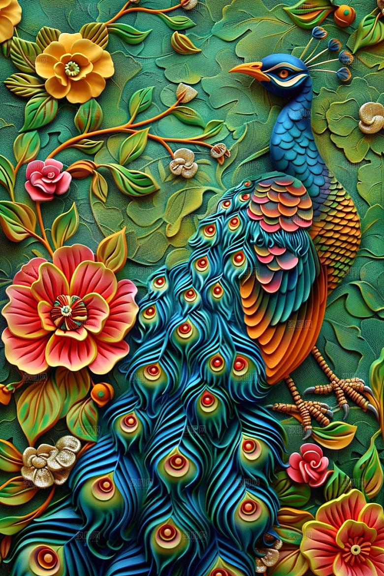 浮雕孔雀彩色纹理素材