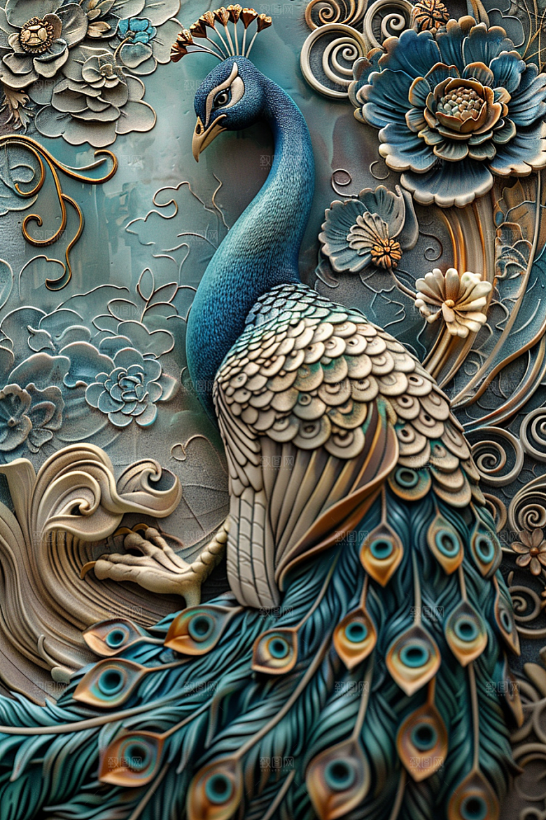 浮雕孔雀3D立体素材