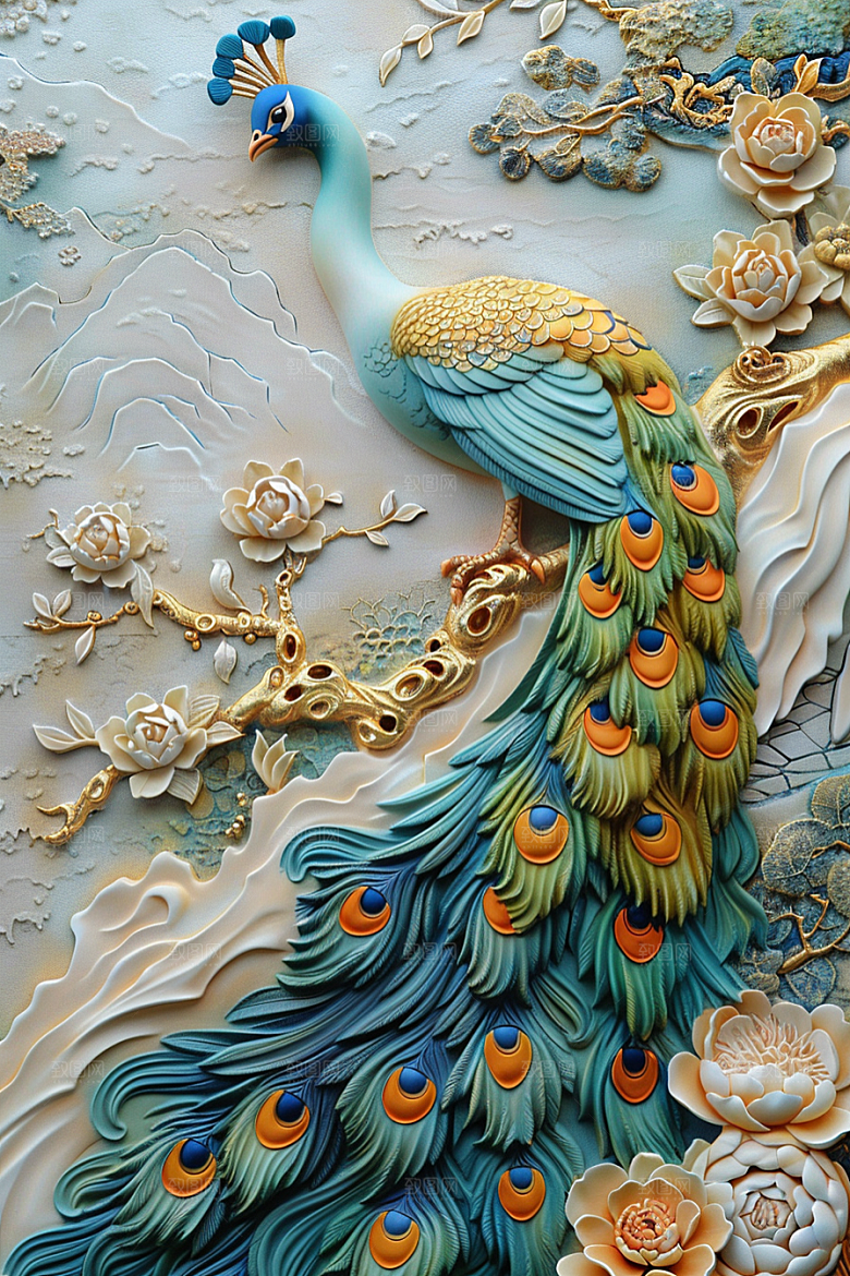 浮雕孔雀肌理3D素材
