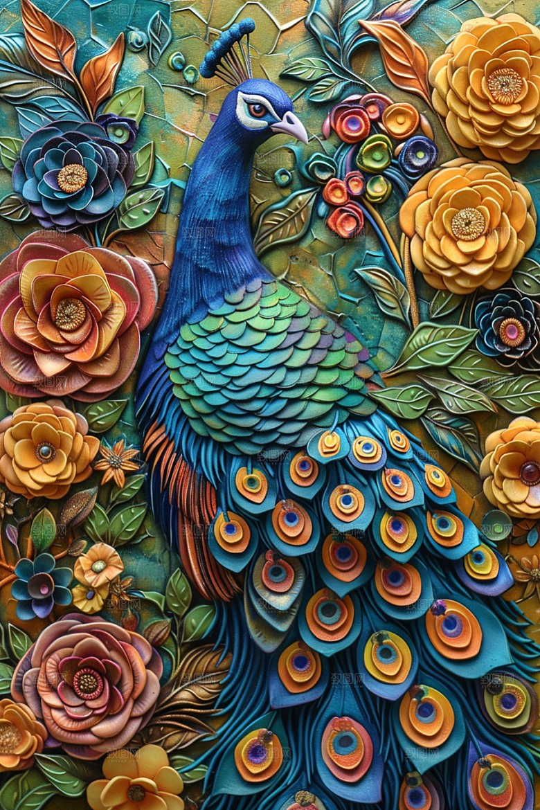 浮雕孔雀3D彩色素材