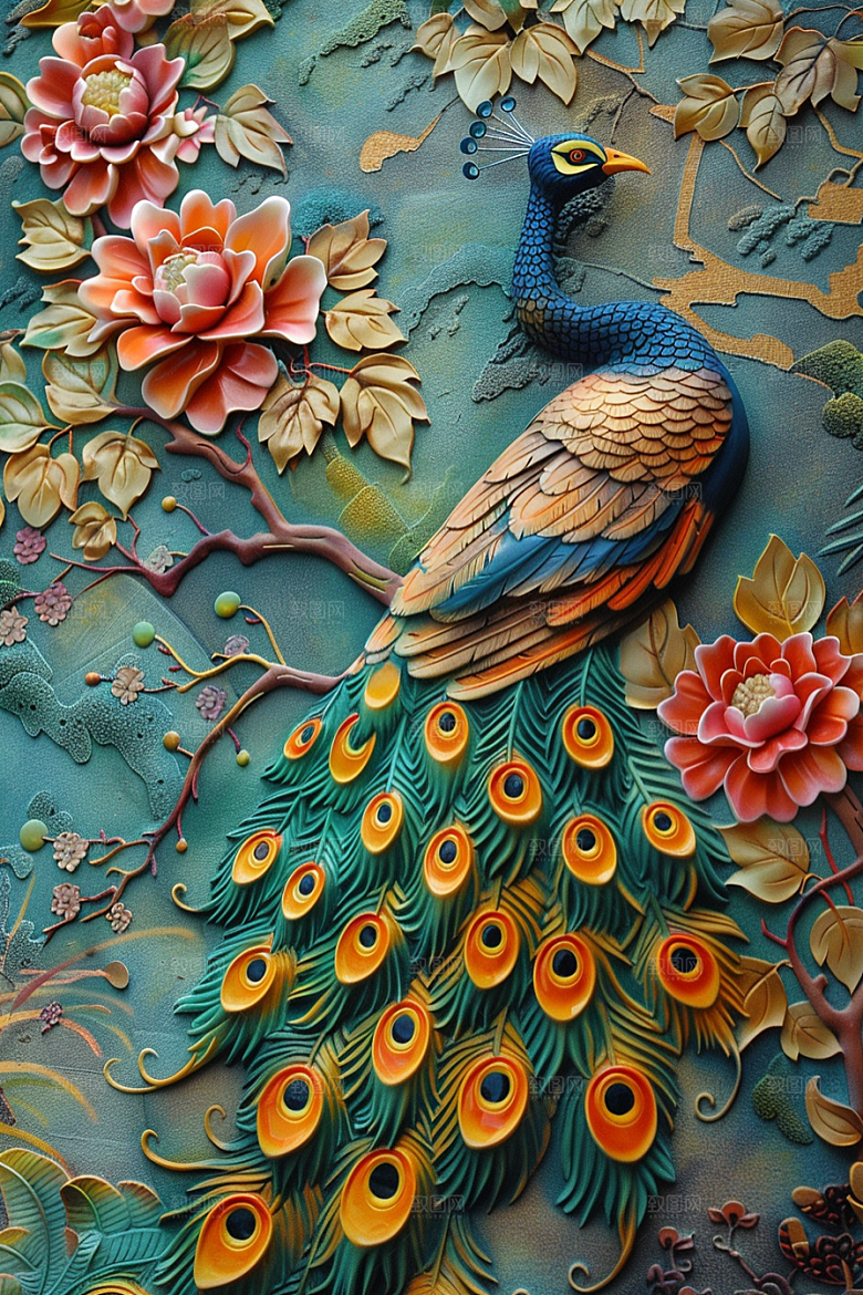 浮雕孔雀高清油画素材