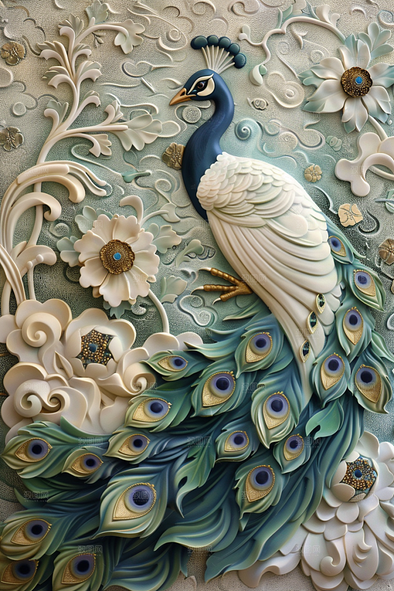 浮雕孔雀油画高清素材