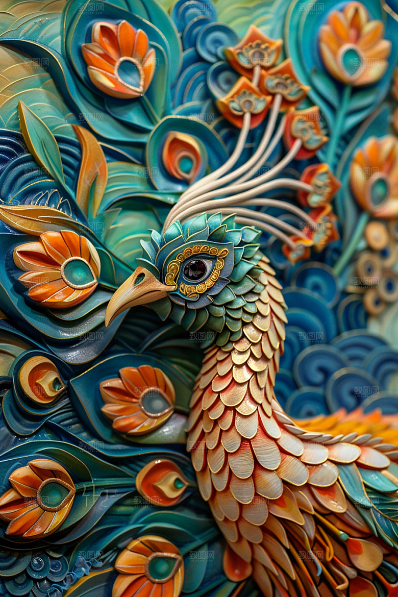 浮雕孔雀质感国潮风素材