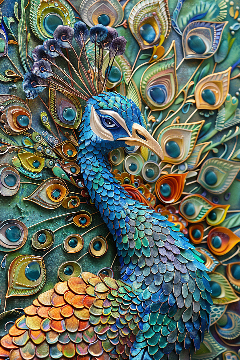 浮雕孔雀油画高清素材