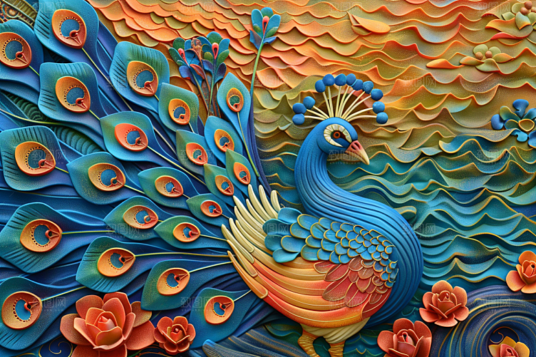 浮雕孔雀彩色精致素材