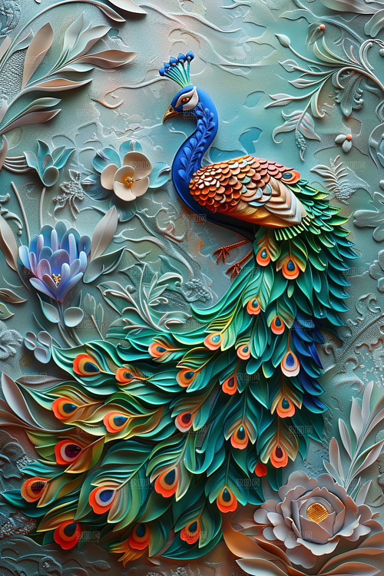 浮雕孔雀绚丽质感素材