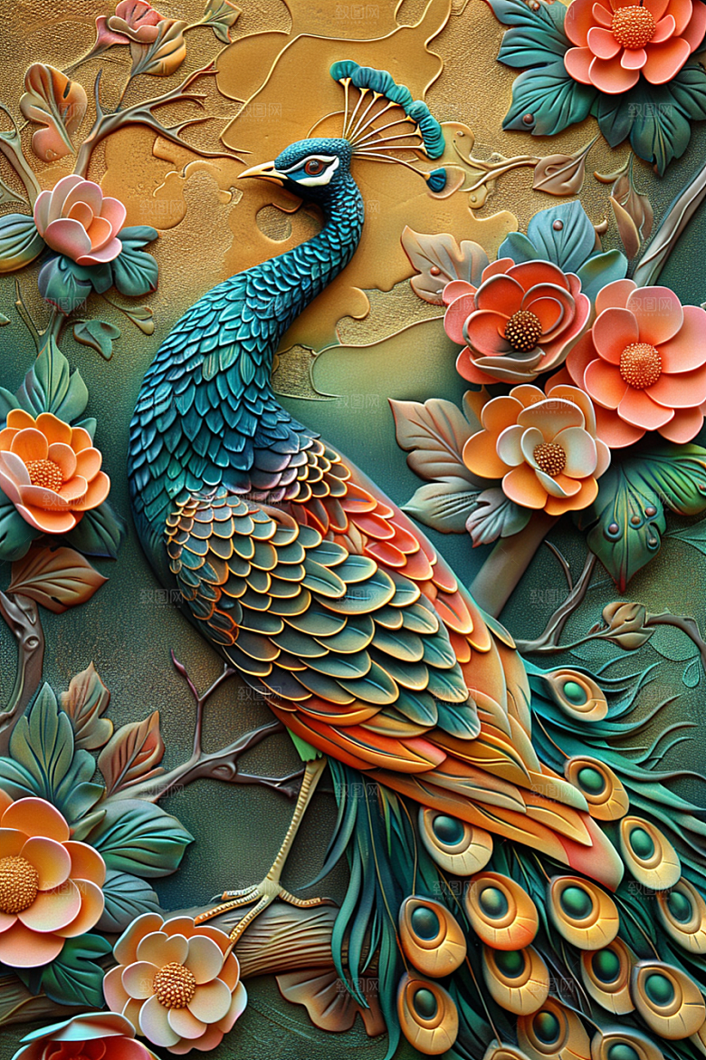 浮雕孔雀油画3D素材