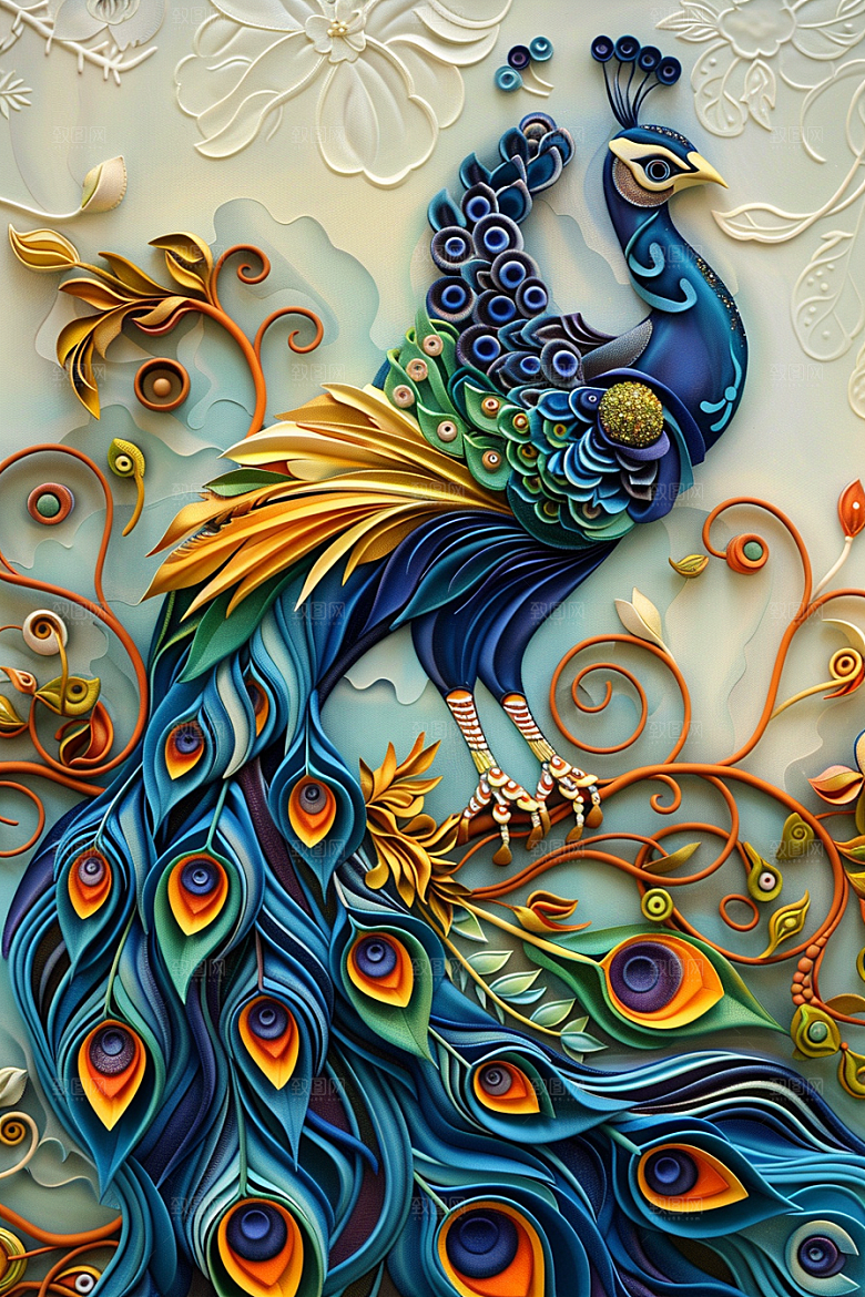 浮雕孔雀彩色精致素材