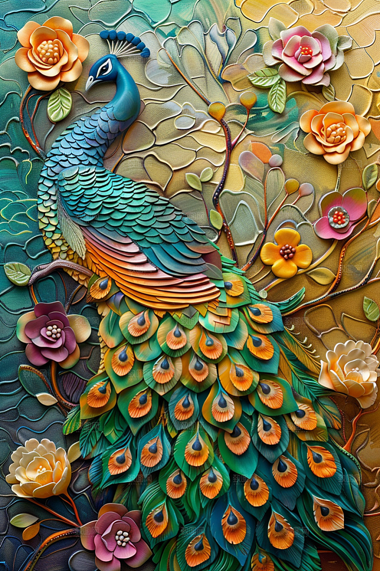 浮雕孔雀油画精致素材