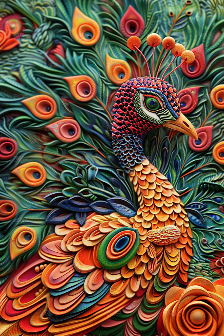 浮雕孔雀油画立体素材