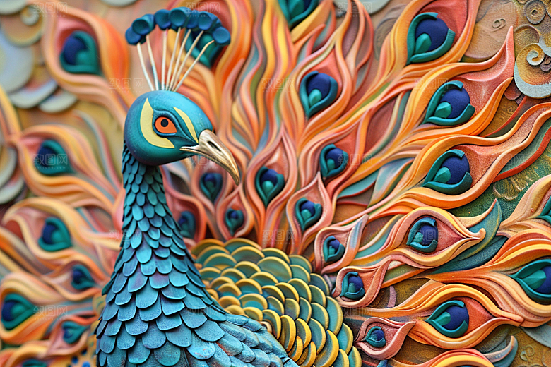 浮雕孔雀绚丽油画素材